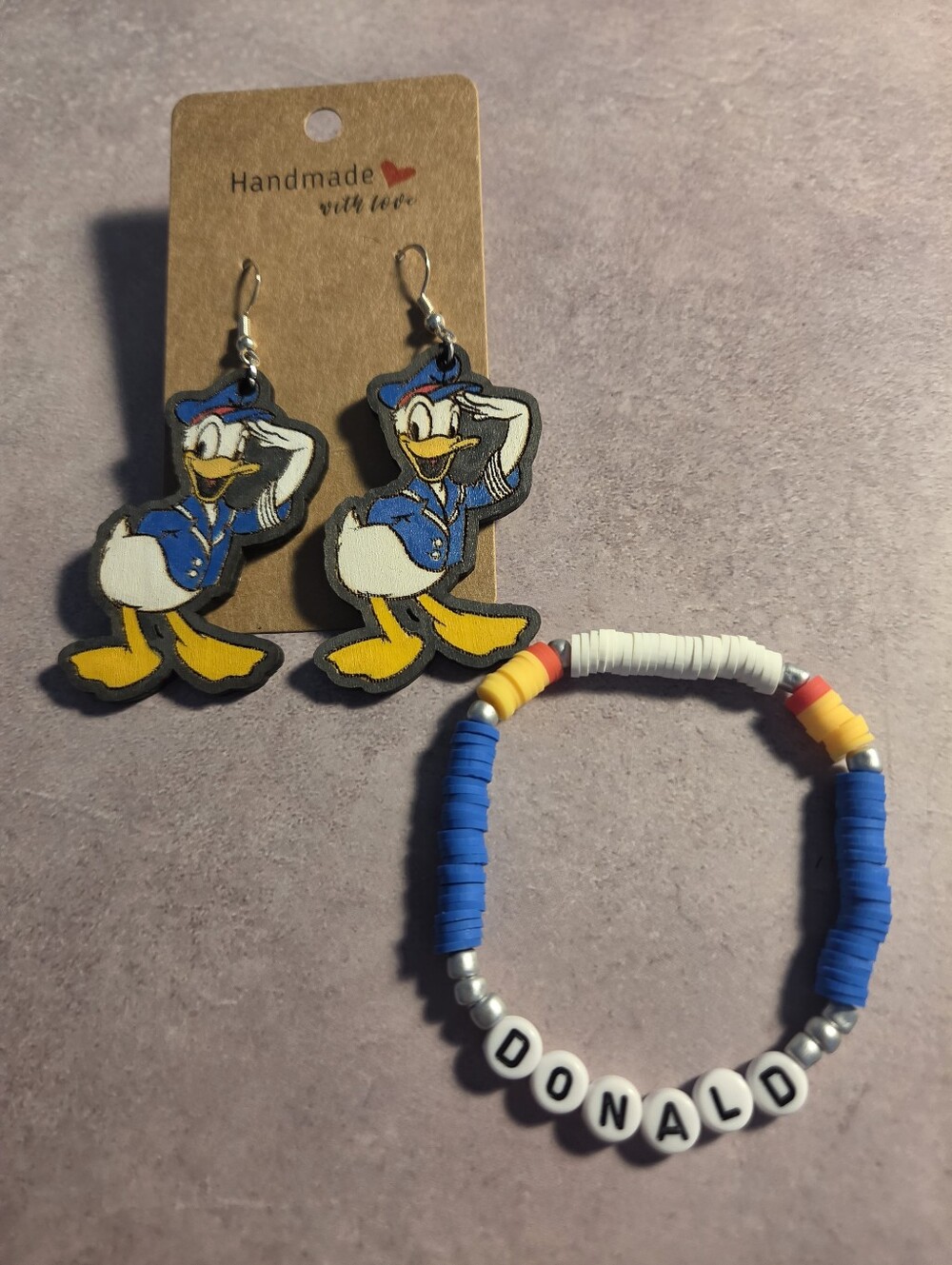 Handmade Donald Duck Beaded Bracelet & Earrings Set - Blue & Yellow